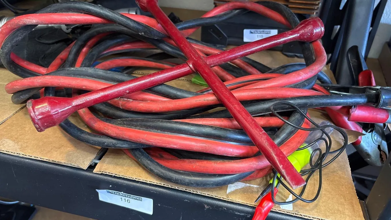 LARGE JUMPER CABLES, LUG WRENCH AND BATTERY TESTER