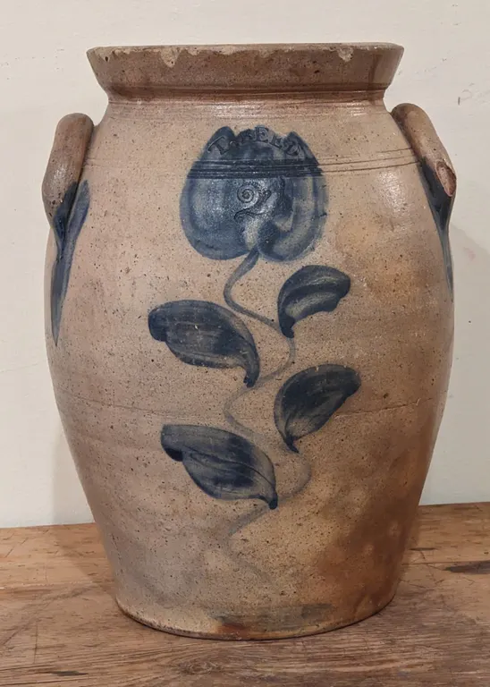 2 GAL COBALT DECORATED TULIP T. REED SALT GLAZE STONEWARE STORAGE CROCK (TUSCARAWAS OHIO)