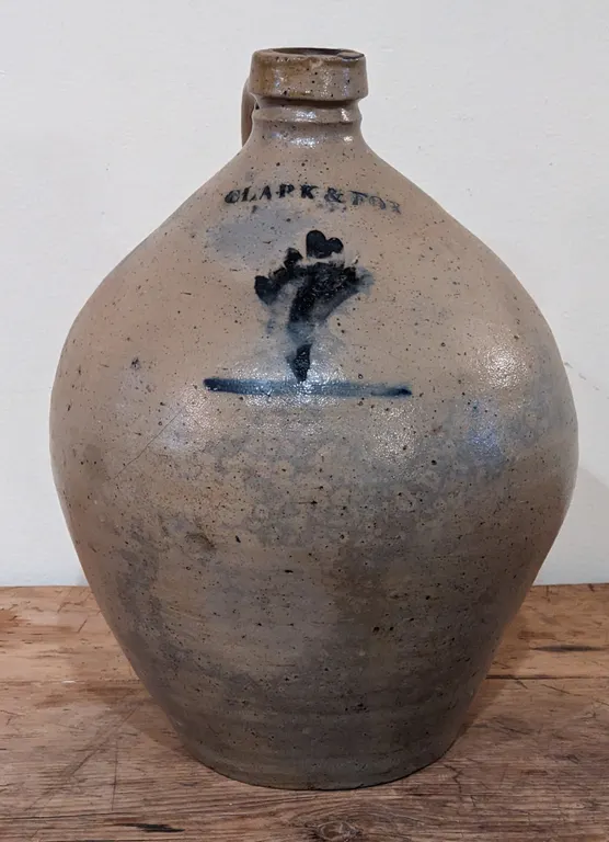 1 GAL SALT GLAZE STONEWARE BLUE DECORATED OVOID JUG CLARK & FOX (ATHENS NEW YORK)