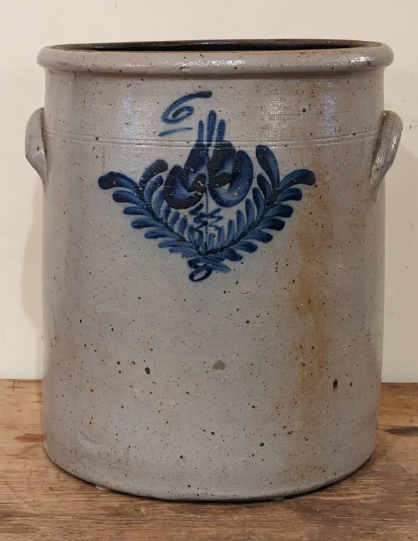 6 GAL SALT GLAZE BLUE DECORATED CROCK (NORTHEAST OHIO)