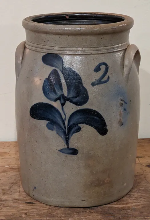 2 GAL SALT GLAZE STONEWARE BLUE DECORATED STORAGE CROCK (BACHELDER NEENAH-MENASHA WISCONSIN)