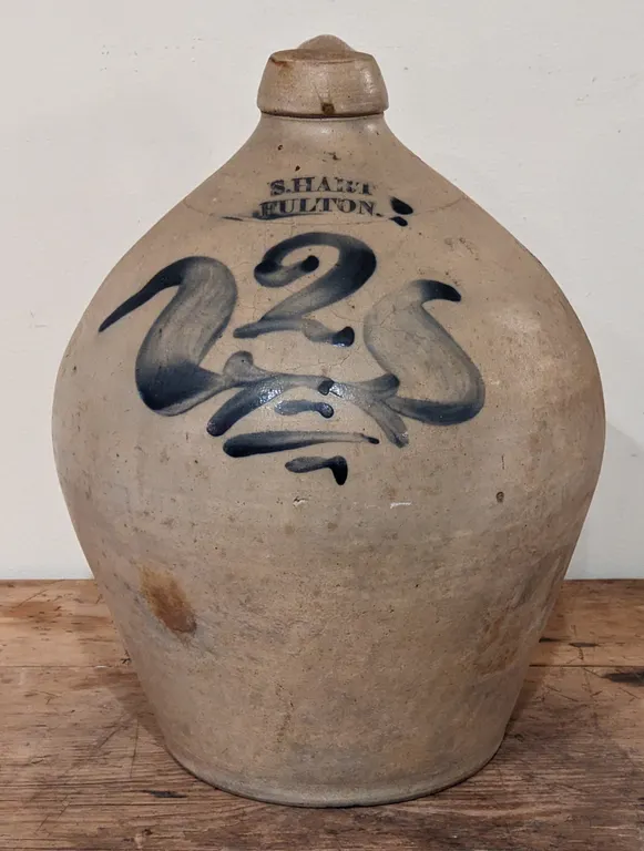 2 GAL SALT GLAZE BLUE DECORATED OVOID CROCK JUG S. HART FULTON (NEW YORK)