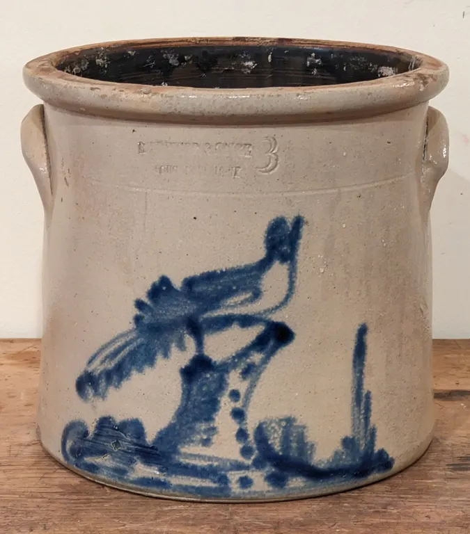 3 GAL SALT GLAZE COBALT BLUE DECORATED BIRD ON A STUMP REIDINGER & CAIRE POUGHKEEPSIE NEW YORK