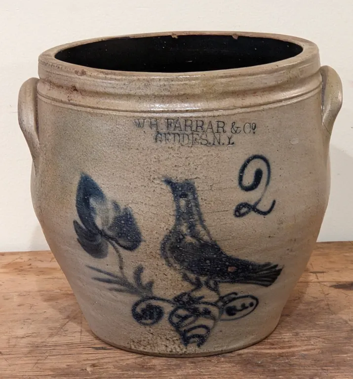 2 GAL SALT GLAZE COBALT BIRD DECORATED CROCK W.H. FARRAR & CO. GEDDES NY