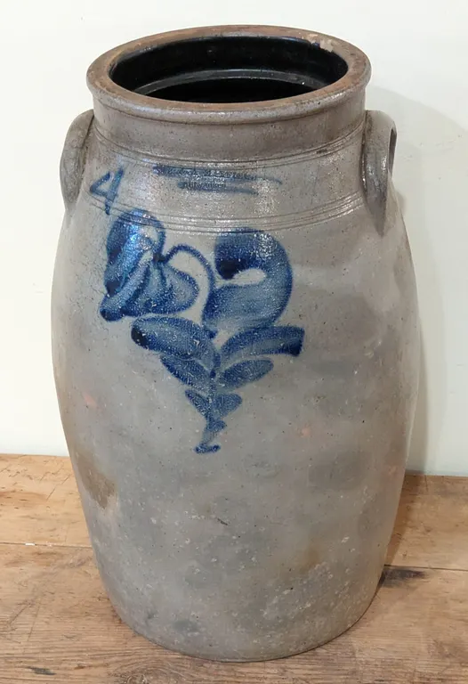 4 GAL SALT GLAZE COBALT BLUE DECORATED BUTTER CHURN CROCK J. B. & A. MAXFIELD MILWAUKEE WISCONSIN