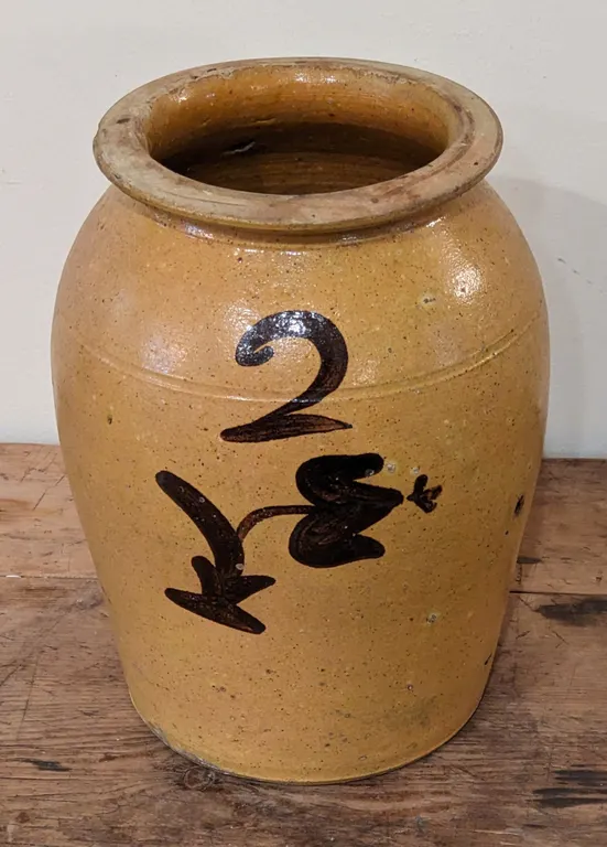 2 GAL SALT GLAZE BROWN ALBANY DECORATED STORAGE CROCK WHITEWATER WISCONSIN