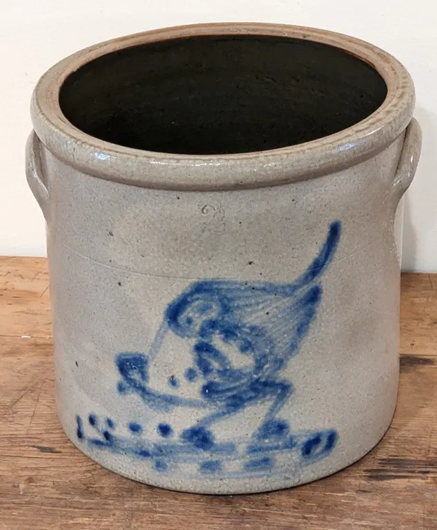 2 GAL SALT GLAZE COBALT DECORATED CROCK CHICKEN PECKING CORN