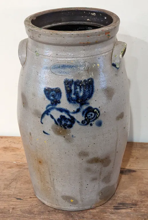 4 GAL SALT GLAZE BLUE DECORATED BUTTER CHURN CROCKC. HERMANN & CO MILWAUKEE WISCONSIN
