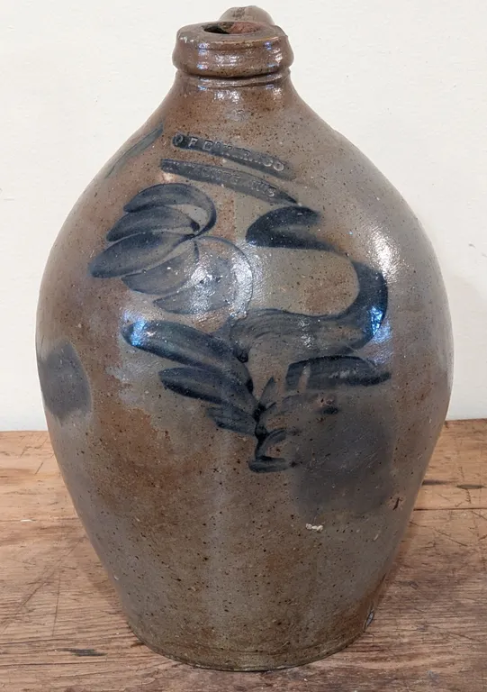 1 GAL SALT GLAZE COBALT DECORATED OVOID CROCK JUG O.F. BAKER & CO MILWAUKEE WISCONSIN