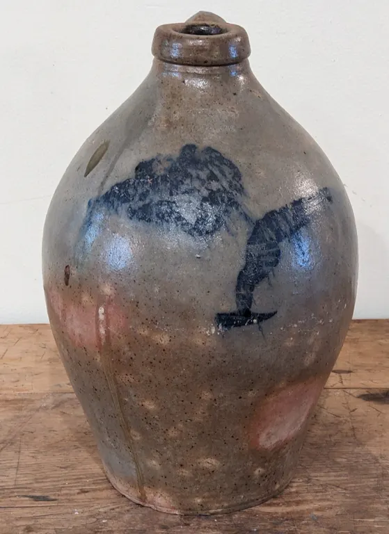 1 GAL SALT GLAZE BLUE DECORATED OVOID CROCK JUG O.F. BAKER & CO MILWAUKEE WISCONSIN