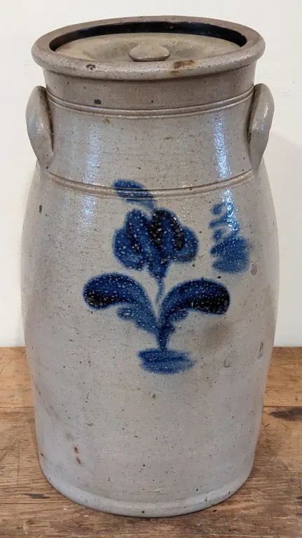3 GAL SALT GLAZE COBALT DECORATED BUTTER CHURN CROCK BACHELDER MENASHA WISCONSIN