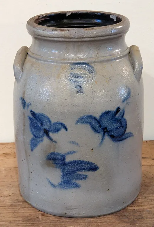 SALT GLAZE STONEWARE COBALT DECORATED BUTTER CHURN CROCK BACHELDER MENASHA WISCONSIN