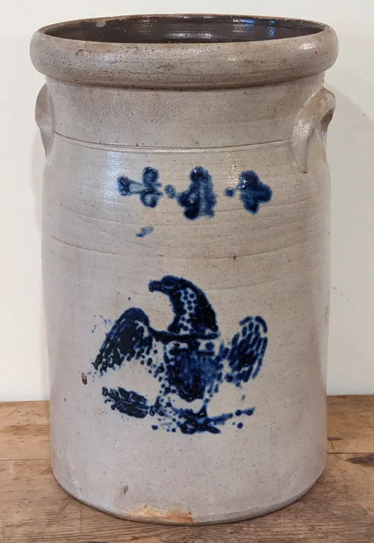 4 GAL SALT GLAZE COBALT DECORATED BUTTER CHURN CROCK "FEDERAL EAGLE" (OHIO)