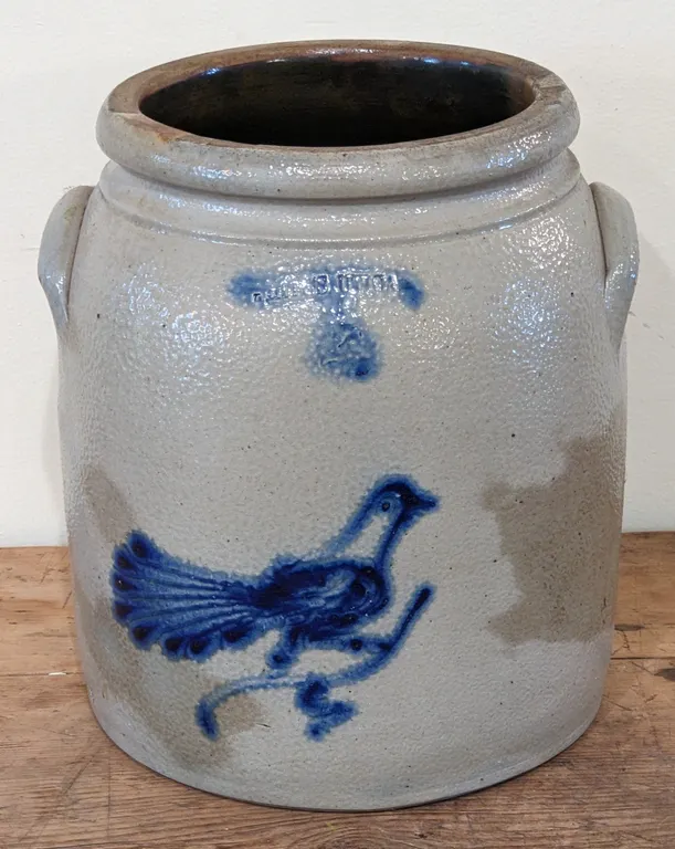 2 GAL SALT GLAZE COBALT DECORATED BIRD STORAGE CROCK WHITES UTICA NY