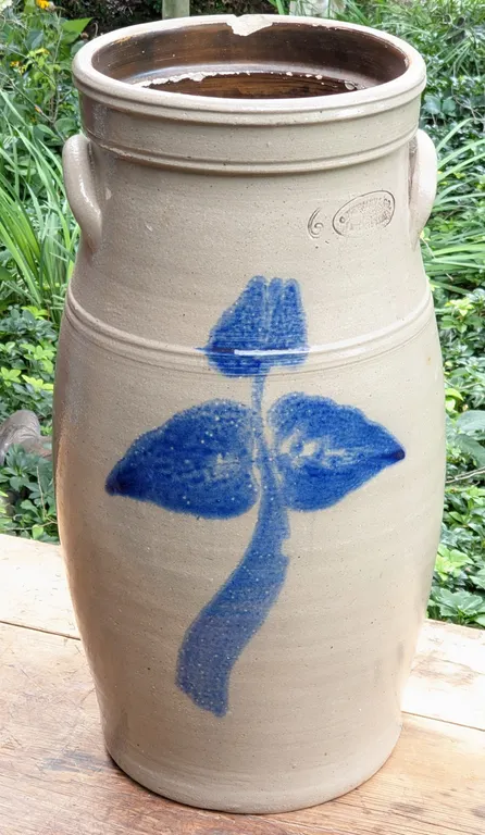6 GAL SALT GLAZE COBALT DECORATED BUTTER CHURN CROCK C. HERMANN CO MILWAUKEE WISCONSIN