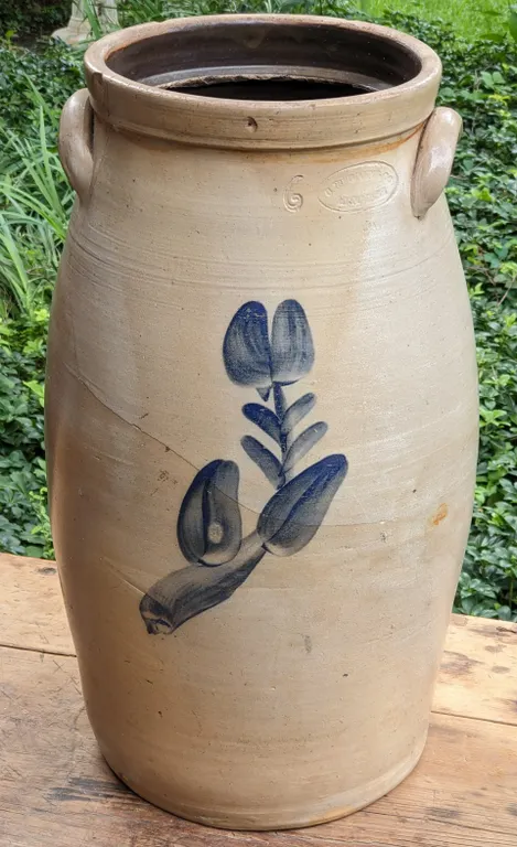 6 GAL SALT GLAZE COBALT DECORATED BUTTER CHURN CROCK C. HERMANN CO MILWAUKEE WI