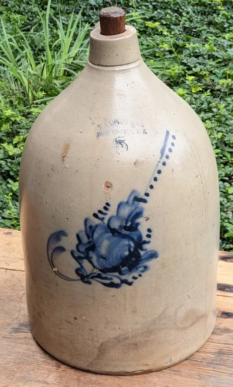 5 GAL SALT GLAZE COBALT BLUE DECORATED BEEHIVE CROCK JUG HAXSTUN & CO FORT EDWARD NY