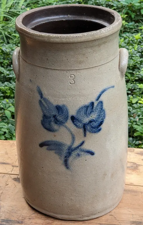 3 GAL SALT GLAZE COBALT DECORATED BUTTER CHURN CROCK (BACHELDER - MENASHA)