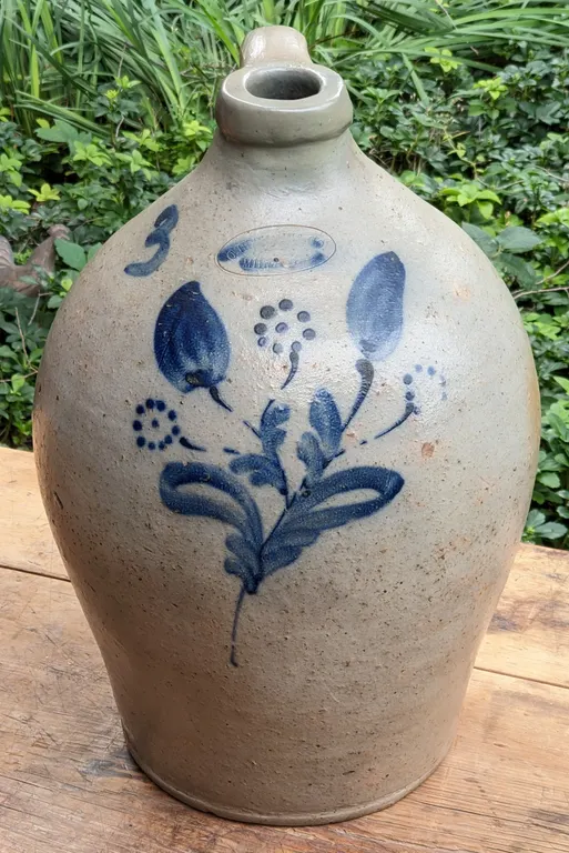 3 GAL SALT GLAZE COBALT DECORATED OVOID CROCK JUG C. HERMANN & CO MILWAUKEE WISCONSIN