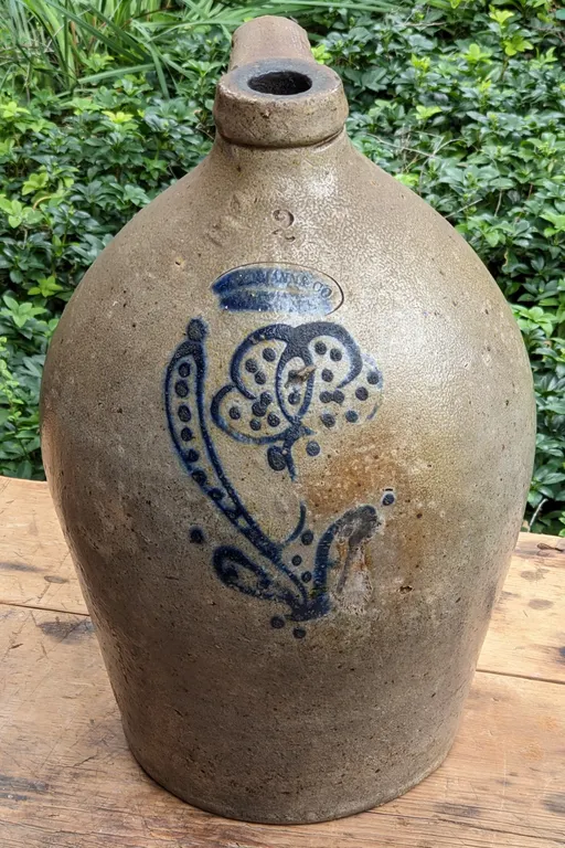 2 GAL SALT GLAZE COBALT DECORATED OVOID CROCK JUG C. HERMANN & CO MILWAUKEE WISCONSIN