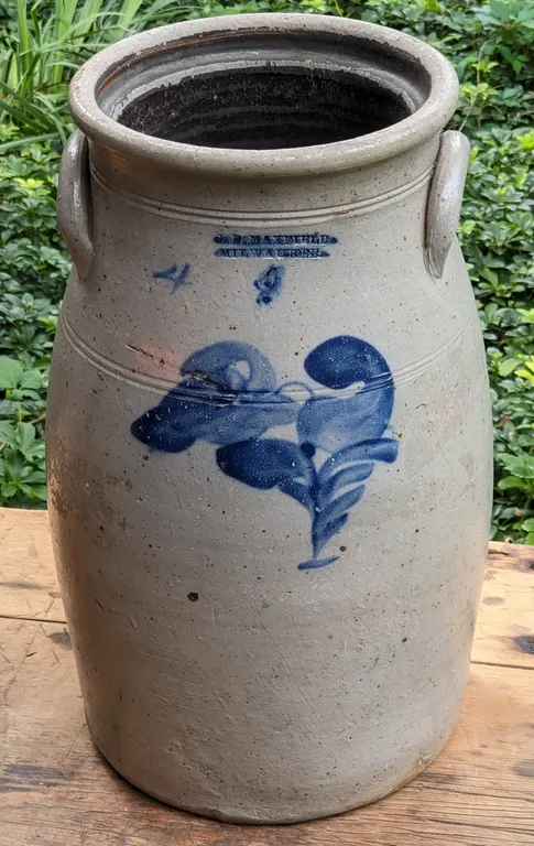 4 GAL SALT GLAZE COBALT DECORATED BUTTER CHURN CROCK J&B MAXFIELD MILWAUKEE WISCONSIN