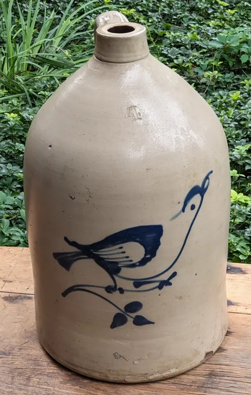 4 GAL SALT GLAZE COBALT DECORATED BIRD BEEHIVE JUG (NEW JERSEY)
