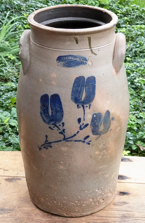 5 GAL SALT GLAZE COBALT DECORATED BUTTER CHURN CROCK C. HERMANN & CO MILWAUKEE WISCONSIN