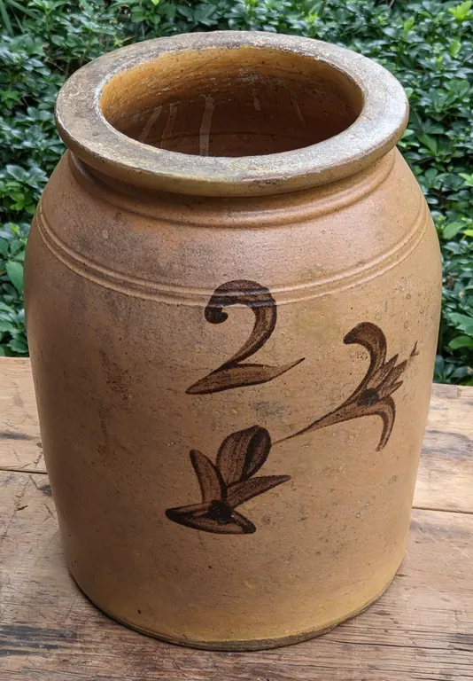 2 GAL SALT GLAZE ALBANY DECORATED STORAGE CROCK (WHITEWATER WISCONSIN)
