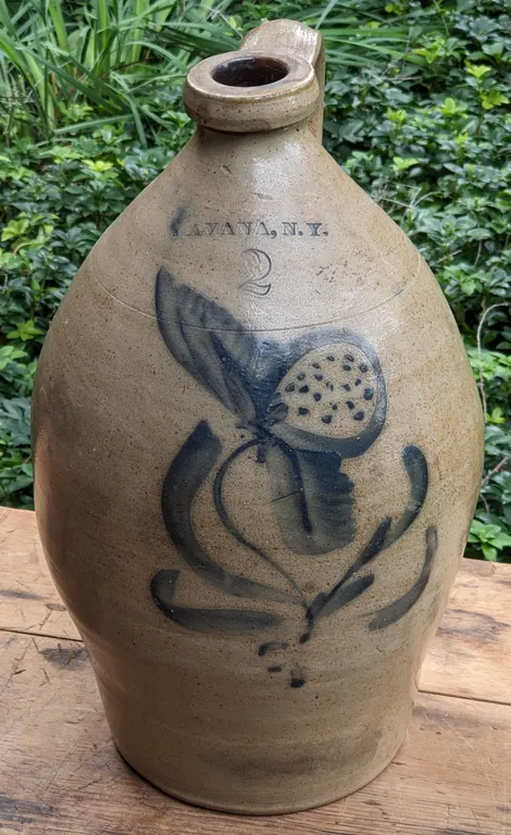 2 GAL SALT GLAZE COBALT DECORATED CROCK JUG HAVANA NEW YORK