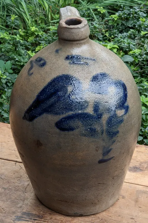 3 GAL SALT GLAZE COBALT DECORATED OVOID CROCK JUG J B MAXFIELD MILWAUKEE WISCONSIN