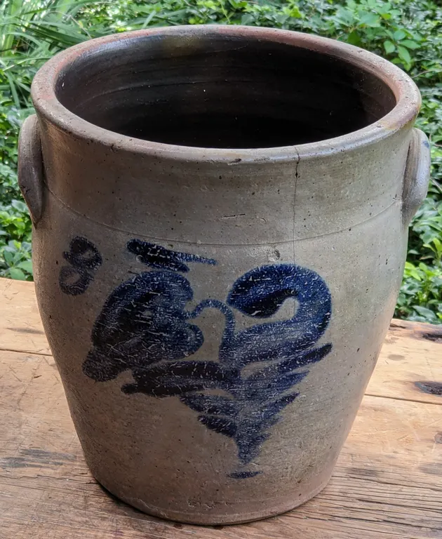 3 GA SALT GLAZE COBALT DECORATED CROCK CREAM POT J.B. MAXFIELD MILWAUKEE WISCONSIN