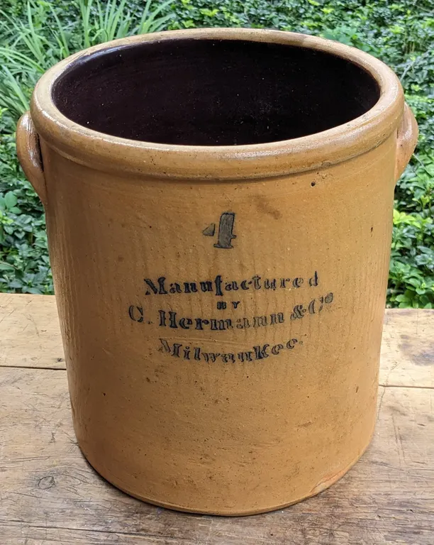 3 GAL SALT GLAZE COBALT STENCILED CROCK C HERMANN & CO MILWAUKEE WISCONSIN