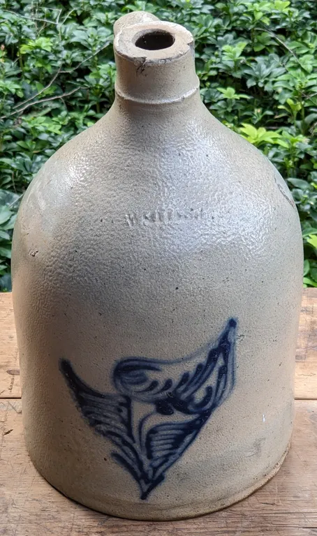 1 TO 2 GAL SALT GLAZE COBALT DECORATED CROCK JUG WHITES UTICA NY