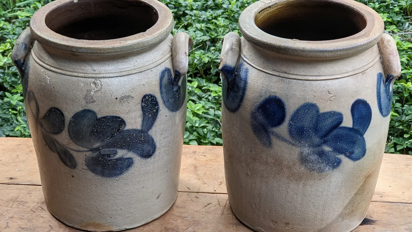 PAIR OF 2 GAL SALT GLAZE DECORATED STORAGE CROCKS (T REED OHIO)