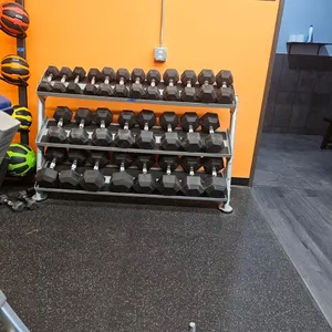 5 Lb. to 75 Lb. Vision rubber coated dumbbells with Hoist dumbbell rack. (rack holds 3 rows as pictured)