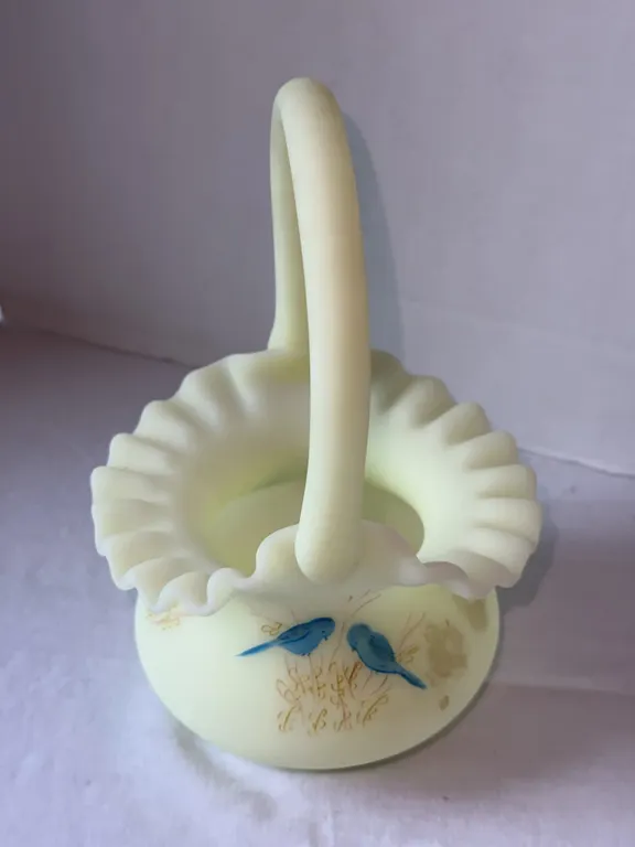 Fenton satin basket (yellow uranium) with crimped edges