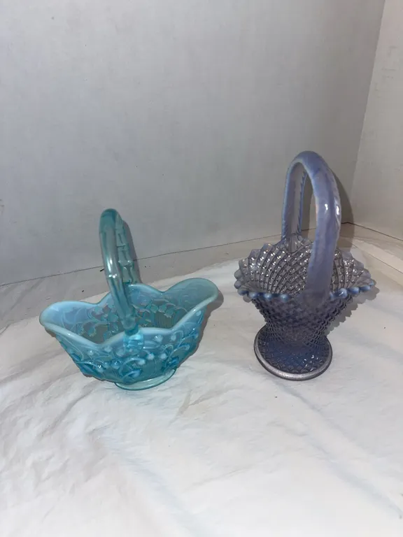 Fenton opalescent basket, etc.