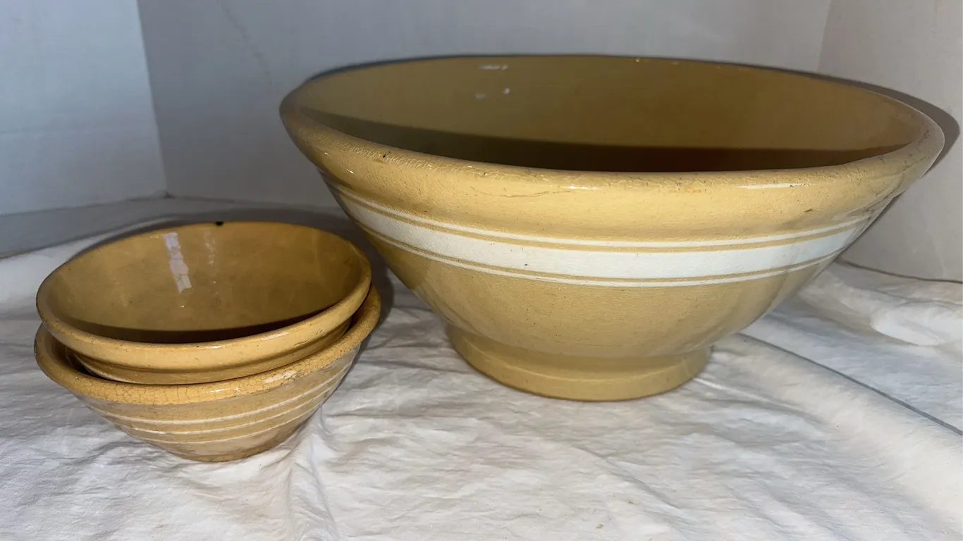 Large antique mixing bowl, etc.