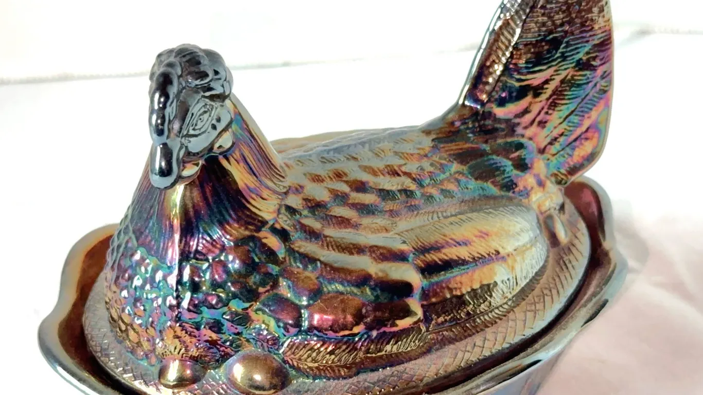 Fenton carnival glass hen on nest