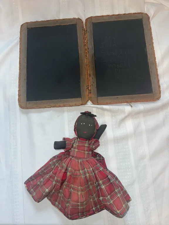 Vintage/antique slate chalkboard, Mammy doll.