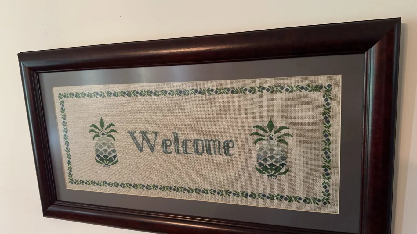 Framed needlepoint - Welcome w/ pineapples