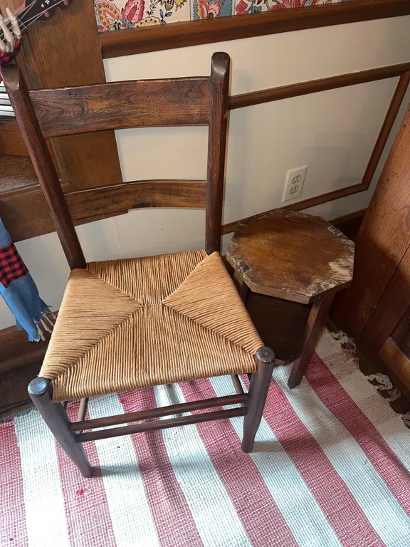 Antique arts and craft plant stand and rush seat chair
