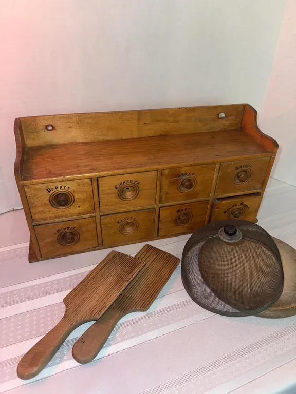 Antique, primitive spice cabinet, etc.