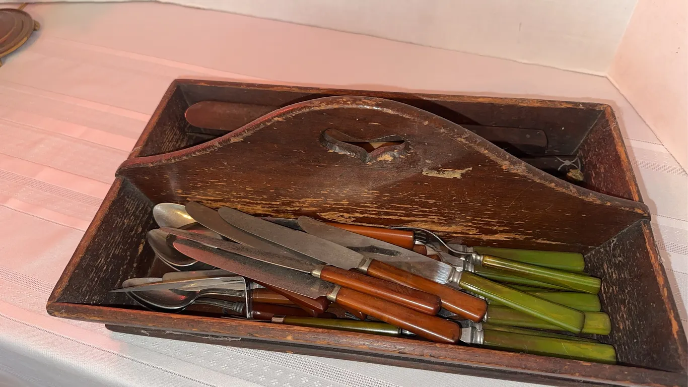 Antique bakelite flatware, and primitive container