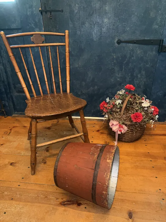 Vintage vignette - chair + basket + wood bucket