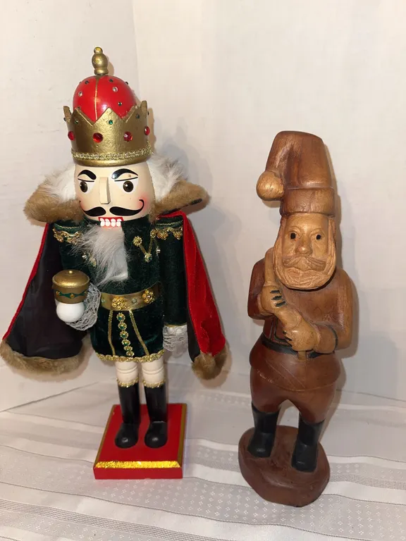 Artisan carved wood Santa – signed and a Nutcracker