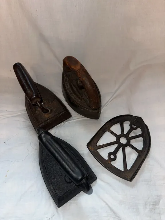 Sad irons-Bless and Drake with wood handle etc