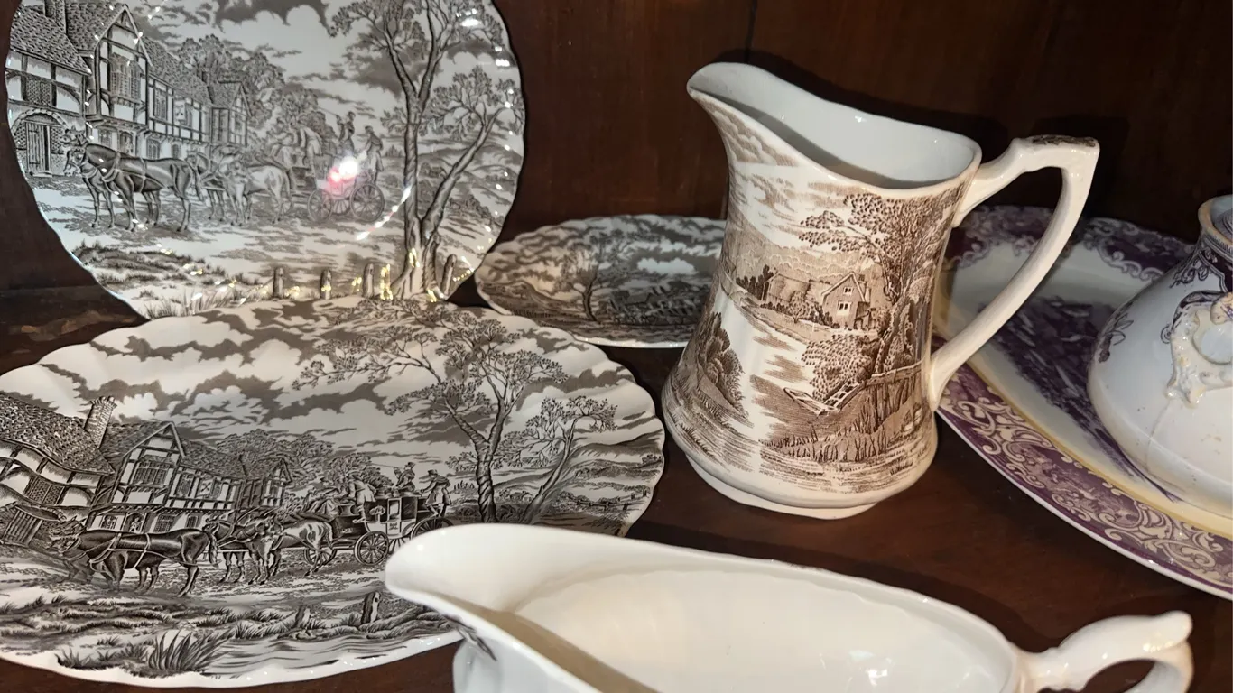 Brown transfer ware, etc.