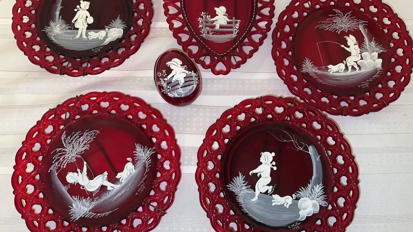 Vintage painted ruby red Westmoreland plates