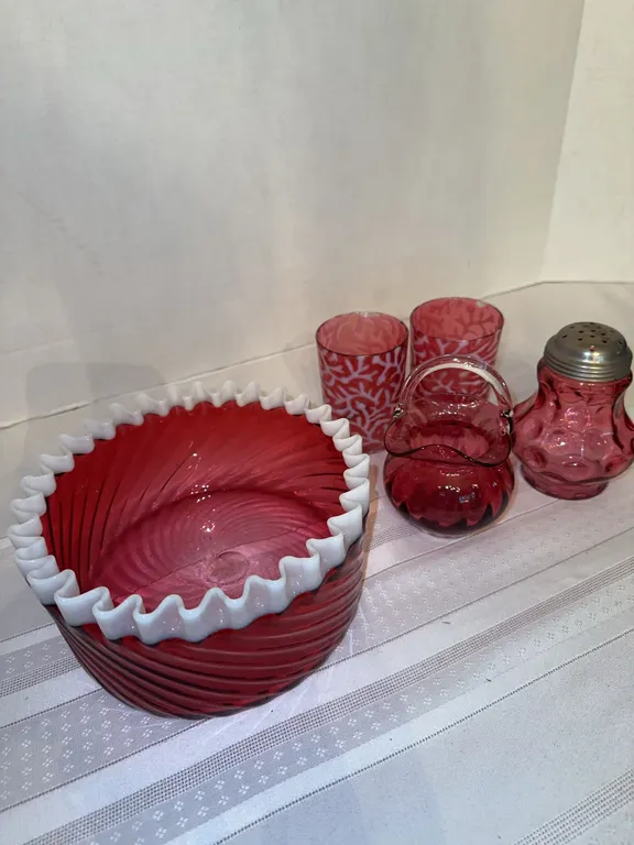 Rare antique cranberry swirl, ruffle bowl, etc.